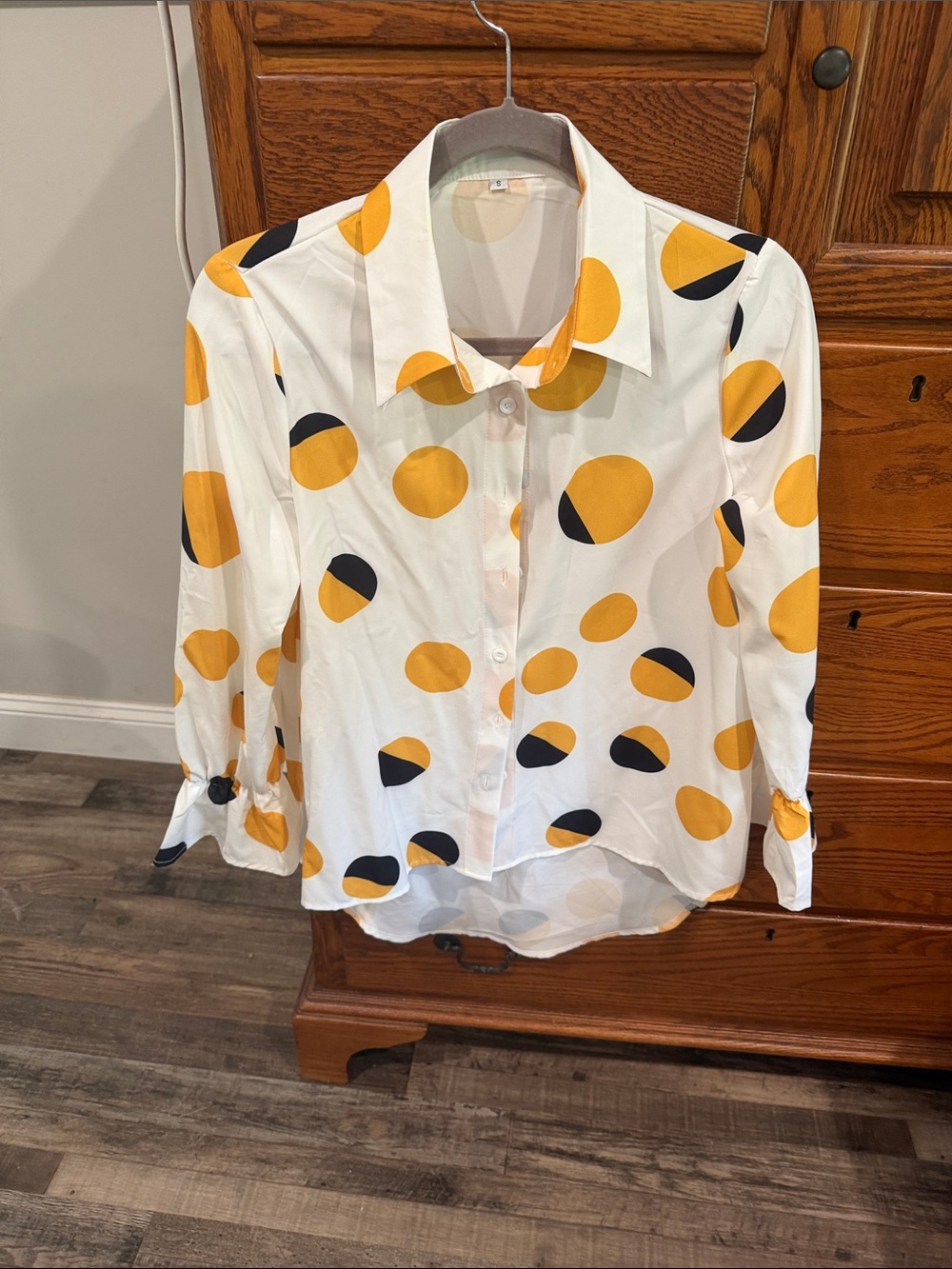Womens White Button-Front Shirt with Yellow and Black Polka Dots